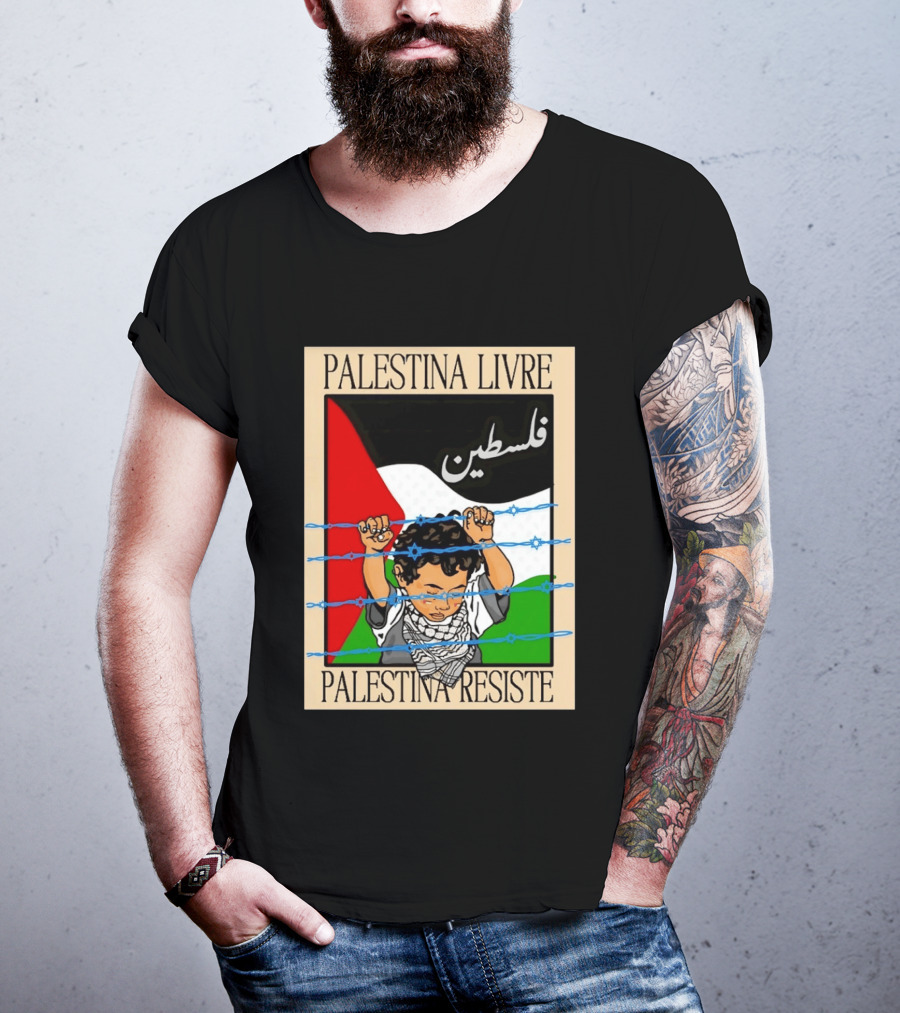 Palestina Livre Resistência Criança Frente Bandeira Arame Farpado T-Shirt
