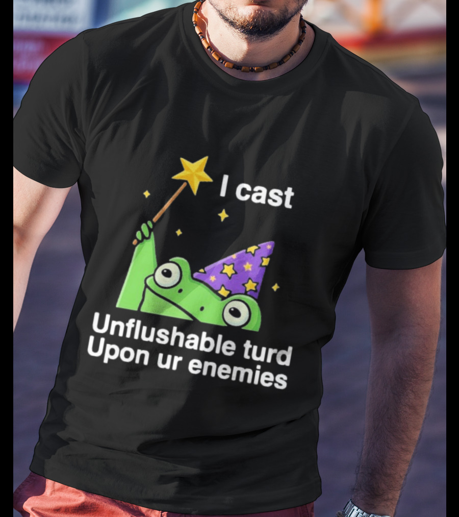 I Cast Unflushable Turd Upon Ur Enemies Frog Wizard Wand Stars Purple Hat T-Shirt
