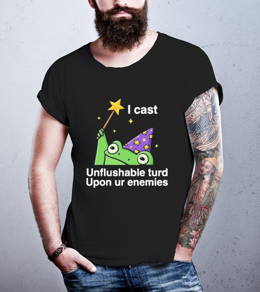 I Cast Unflushable Turd Upon Ur Enemies Frog Wizard Wand Stars Purple Hat T-Shirt