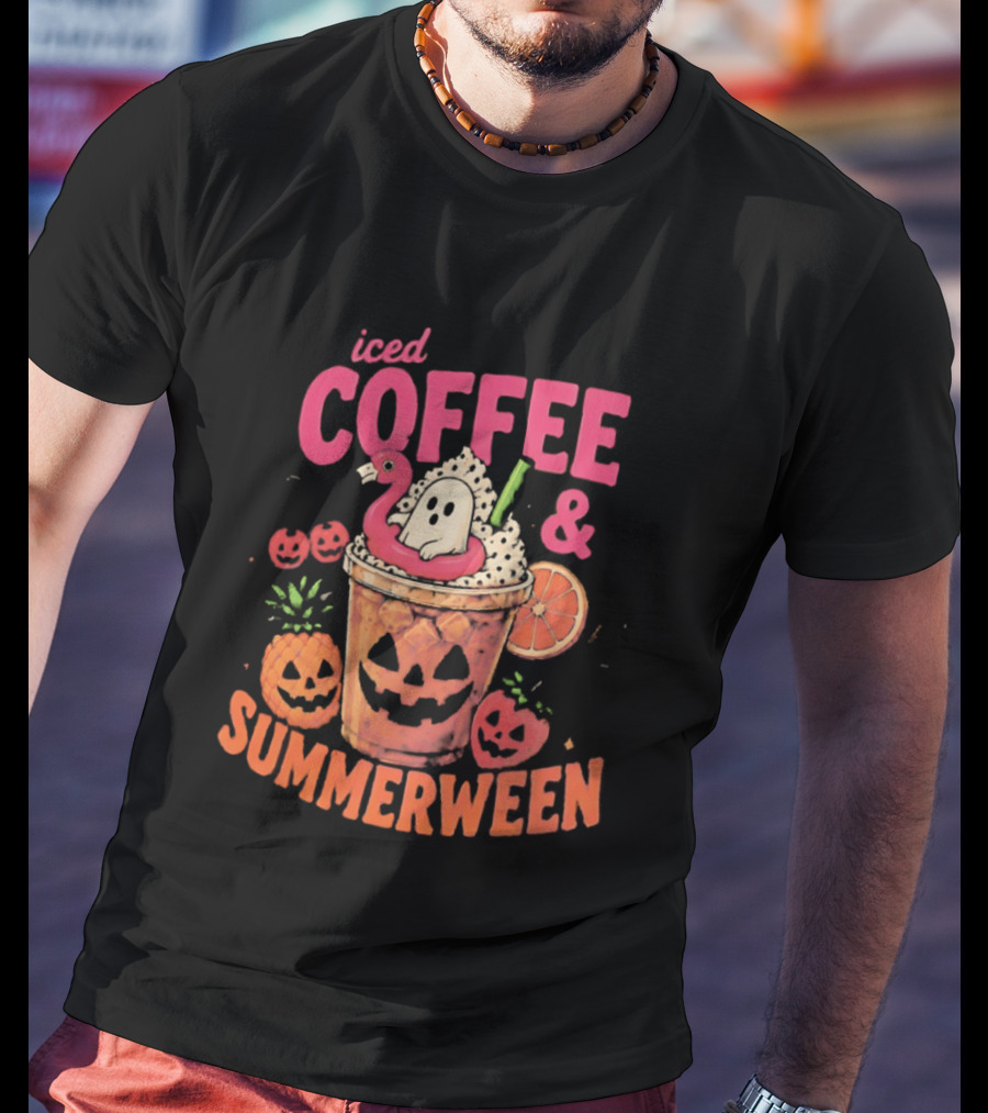 Iced Coffee And Summerween Spooky Tropical Fruit Halloween Jack O' Lantern Drink T-Shirt