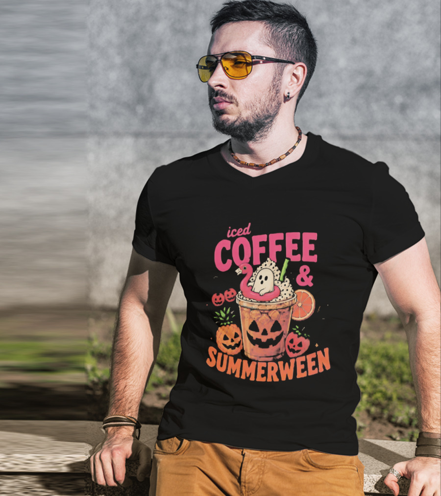 Iced Coffee And Summerween Spooky Tropical Fruit Halloween Jack O' Lantern Drink T-Shirt