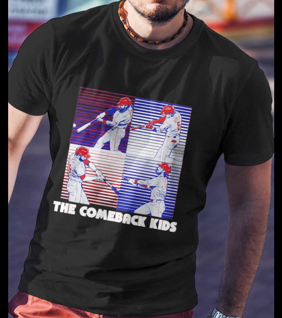 Philadelphia Phillies The Comeback Kids Striped Baseball Swinging Players T-Shirt