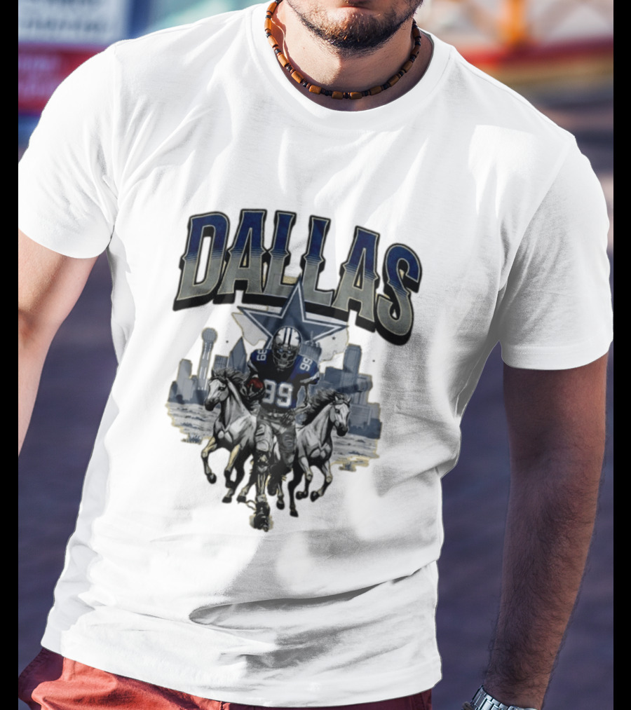 Dallas Cowboys Gameday Skeleton Football Player With Horses And Skyline T-Shirt