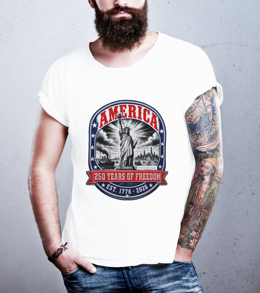 America 250 Years Of Freedom Est 1776 2026 Statue Of Liberty Skyline Steamship Stars T-Shirt