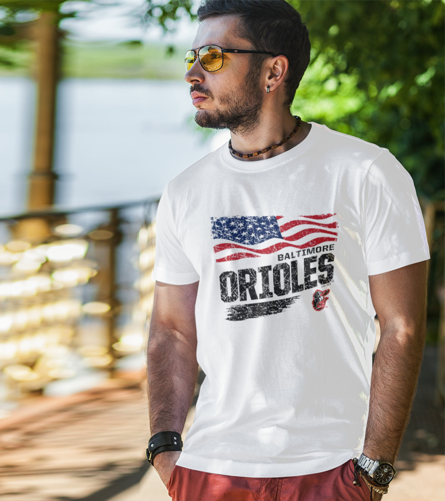 Baltimore Orioles 4th Of July Waving American Flag 250th Anniversary Celebration T-Shirt