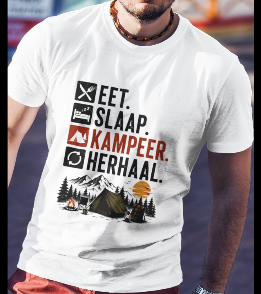 Eet Slaap Kampeer Herhaal Camping Tent Mountains Campfire Sunset T-Shirt