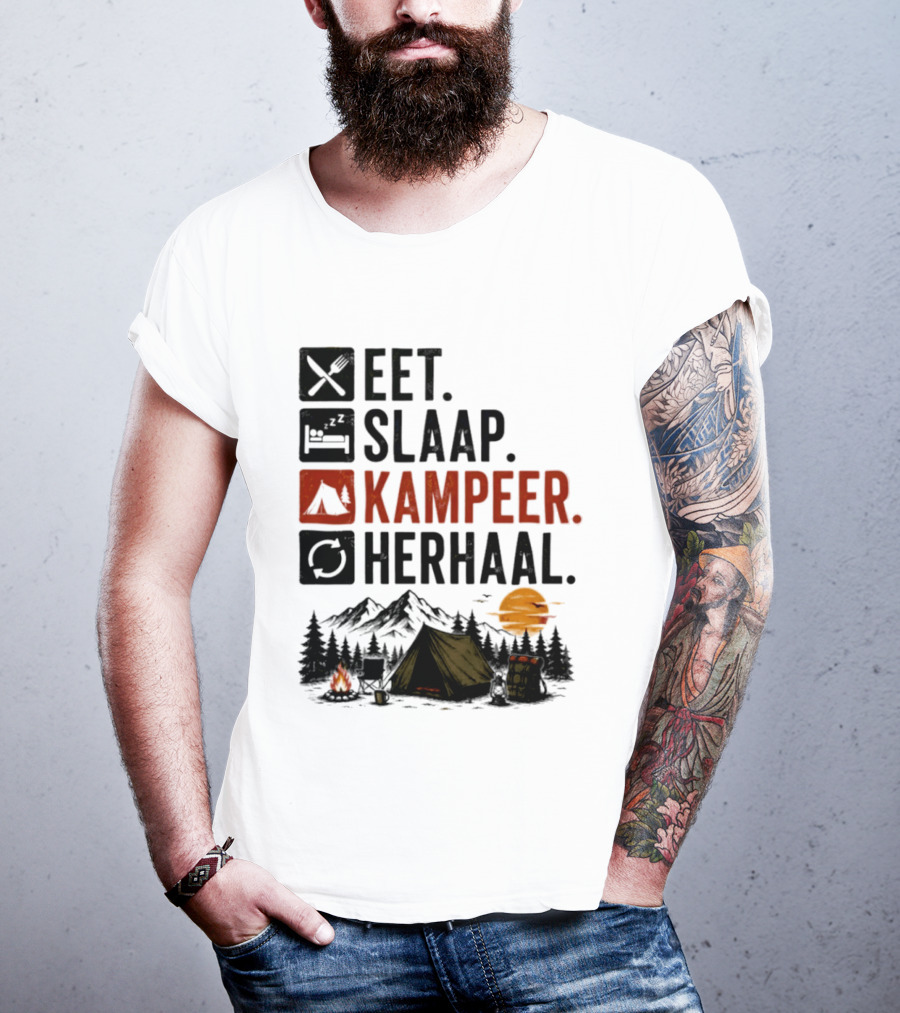 Eet Slaap Kampeer Herhaal Camping Tent Mountains Campfire Sunset T-Shirt