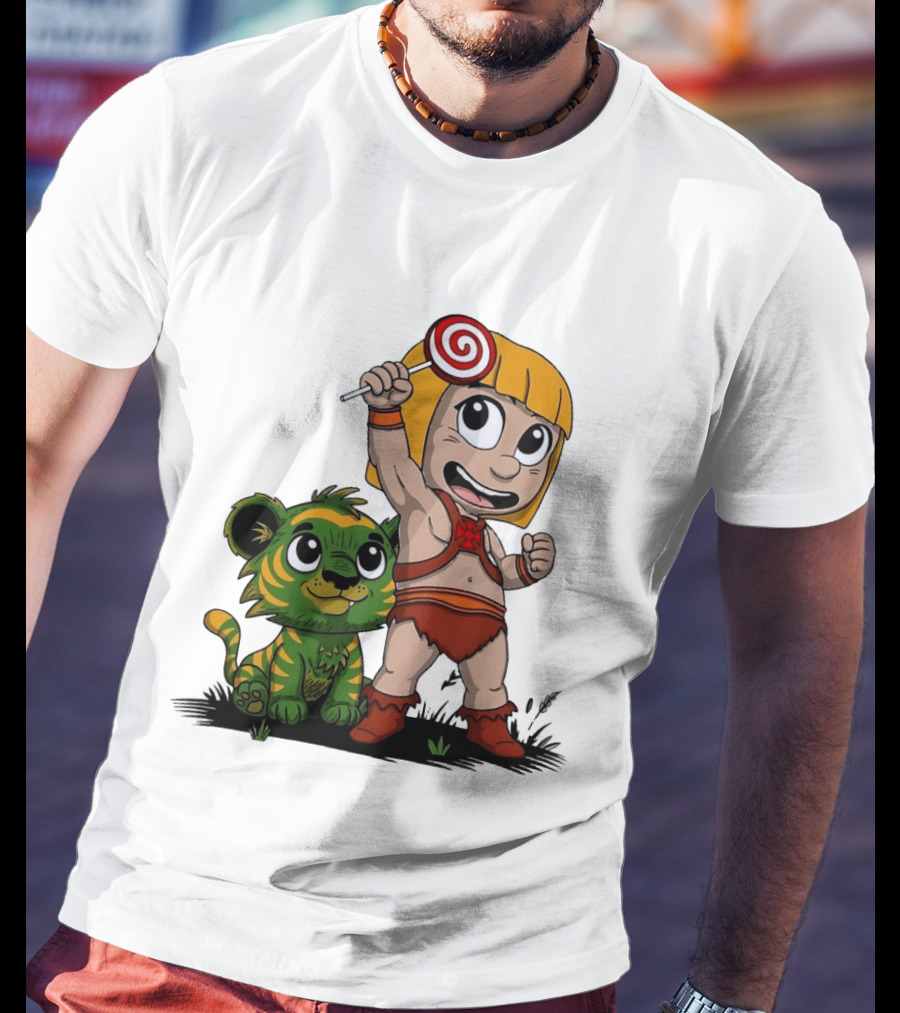 Jungle Kid Holding Lollipop With Playful Tiger Cub T-Shirt