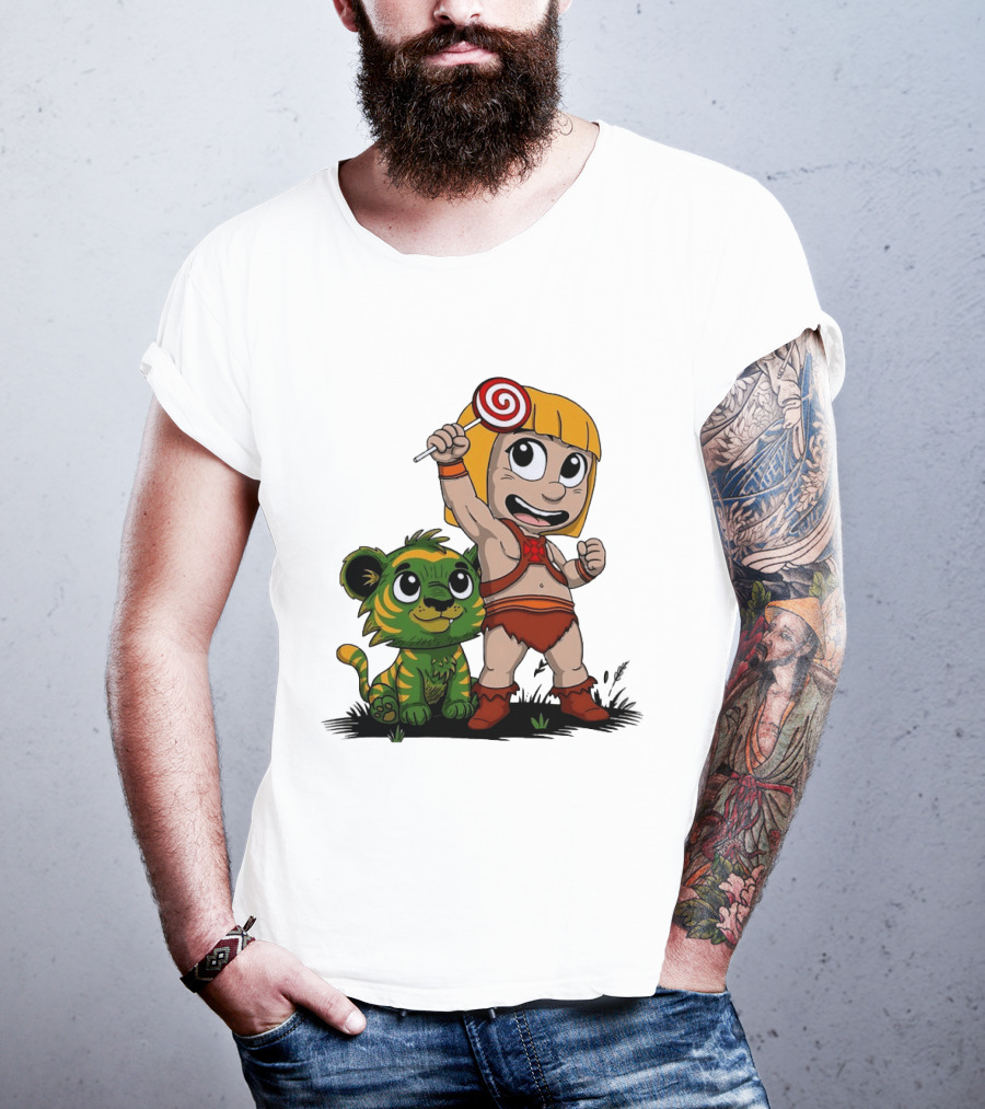Jungle Kid Holding Lollipop With Playful Tiger Cub T-Shirt