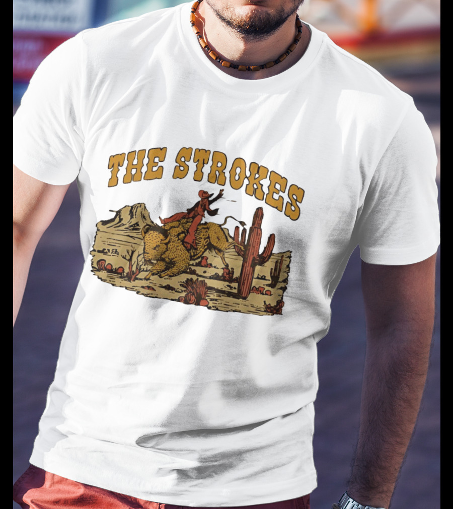 The Strokes Cowboy Riding Cheetah Desert Scene Classic Western T-Shirt