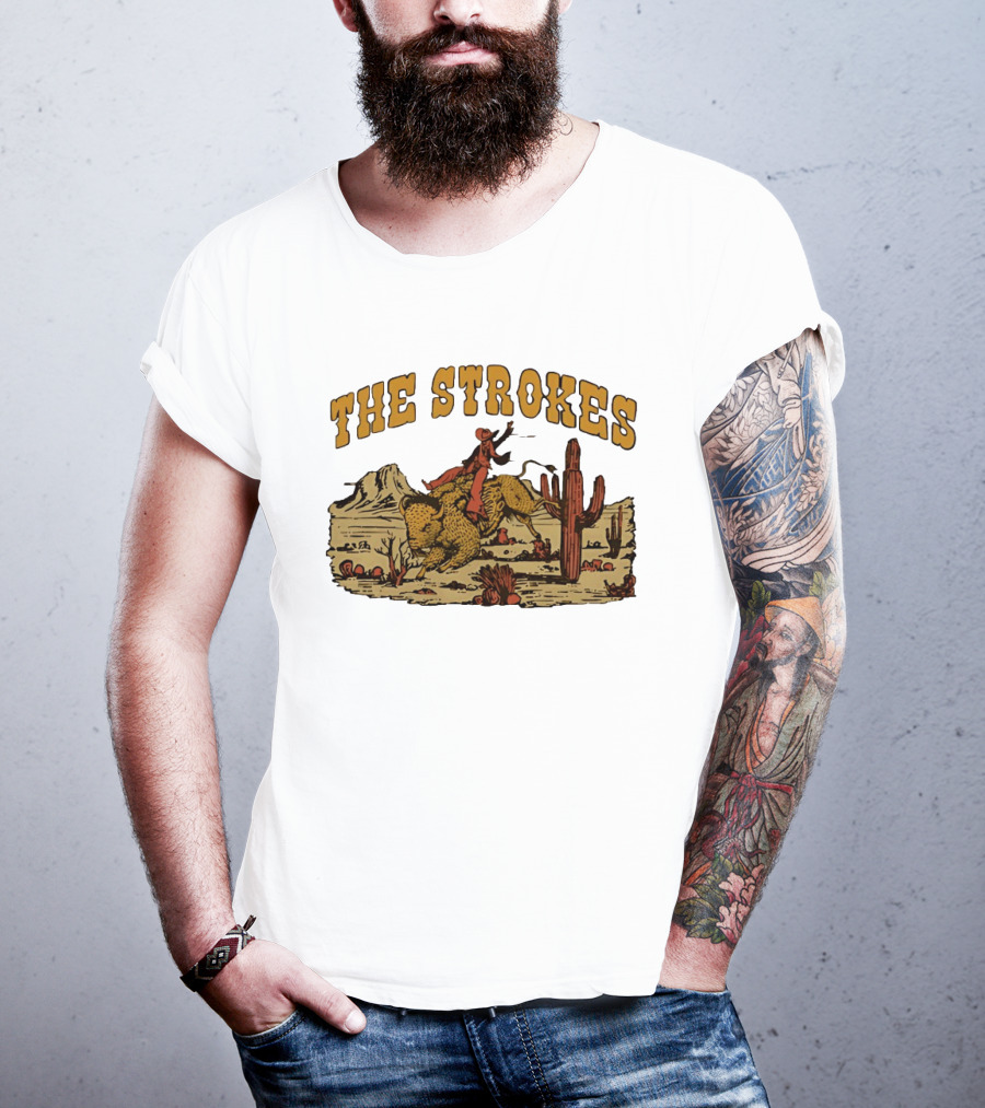 The Strokes Cowboy Riding Cheetah Desert Scene Classic Western T-Shirt