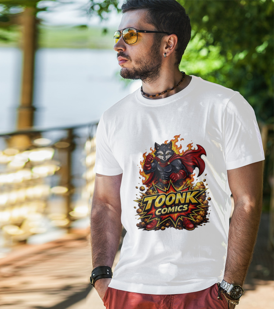 Toonk Comics Superhero Raccoon With Fiery Cape T-Shirt