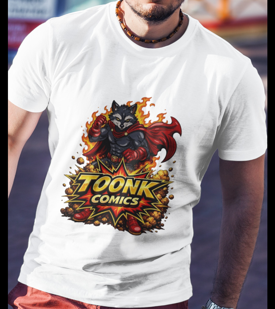 Toonk Comics Superhero Raccoon With Fiery Cape T-Shirt