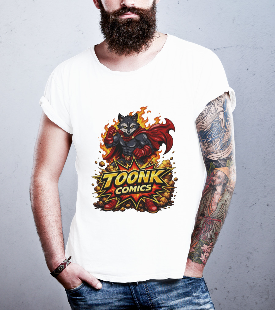 Toonk Comics Superhero Raccoon With Fiery Cape T-Shirt