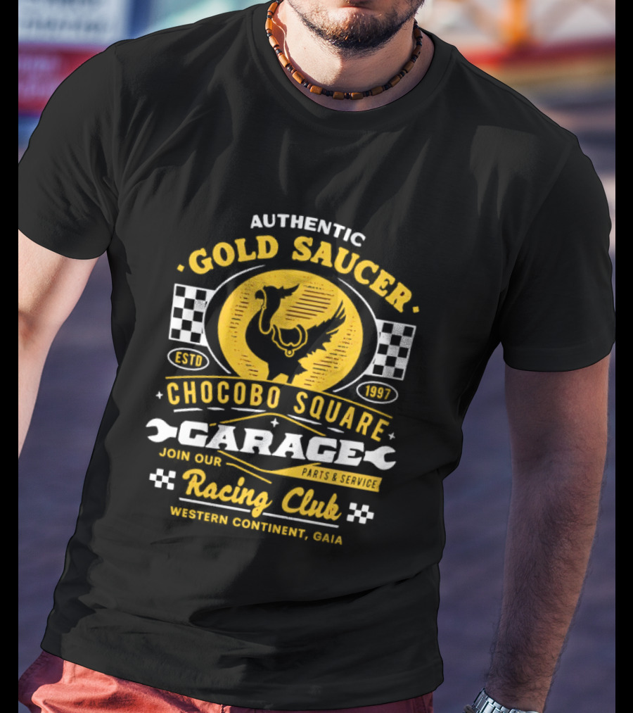 Authentic Gold Saucer Chocobo Square Garage Parts Service Racing Club Western Continent QUA T-Shirt