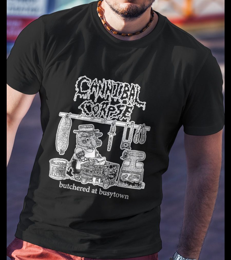 Cannibal Corpse Butchered At Busytown Graphic With Cartoon Butcher Scene T-Shirt