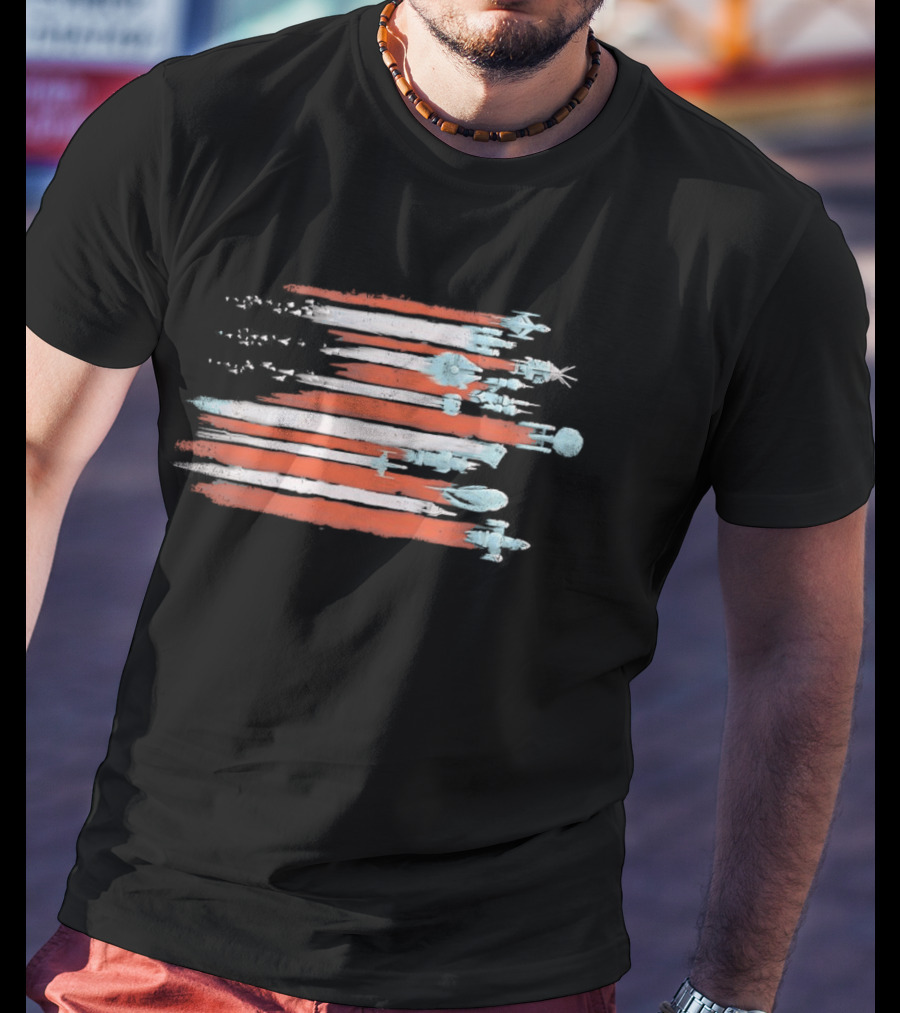 American Flag With Spacecraft Sci Fi T-Shirt
