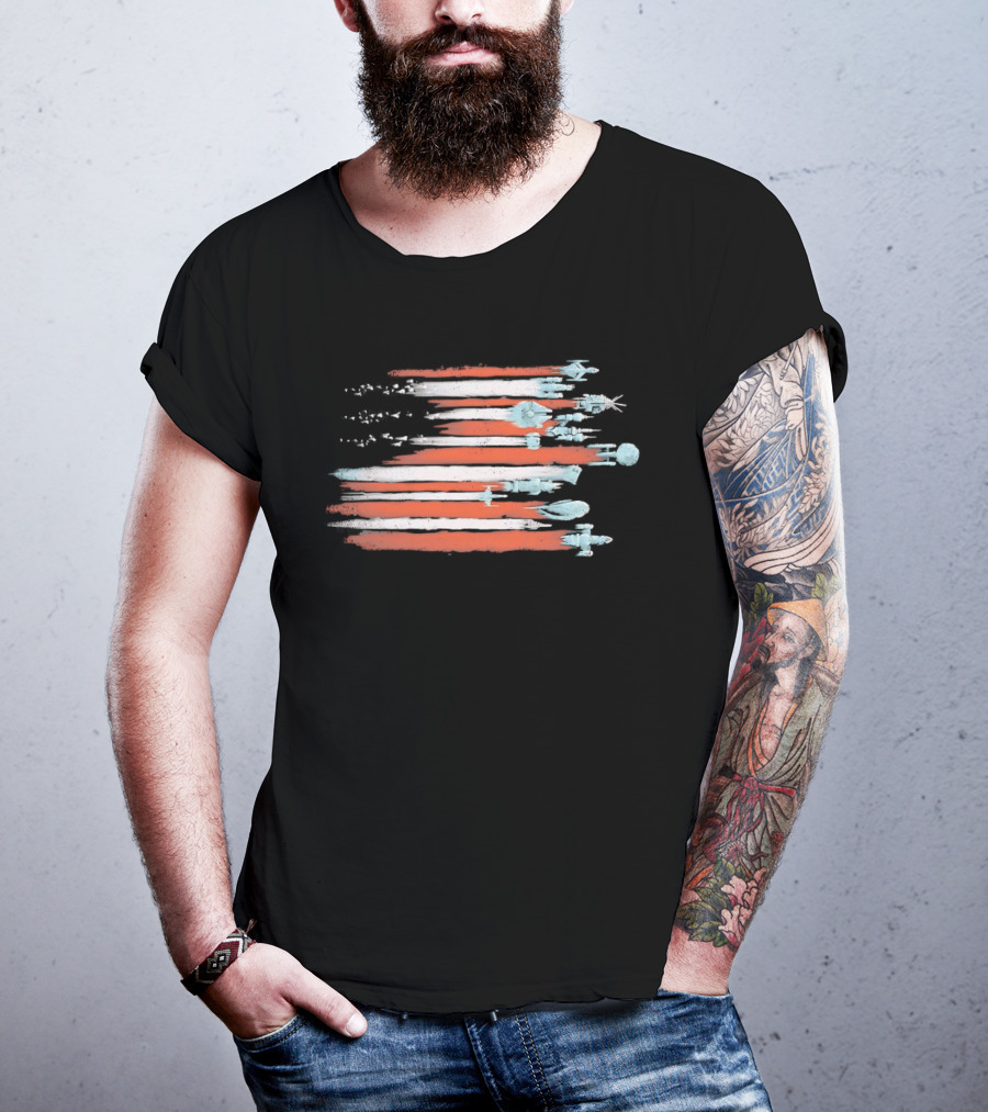 American Flag With Spacecraft Sci Fi T-Shirt