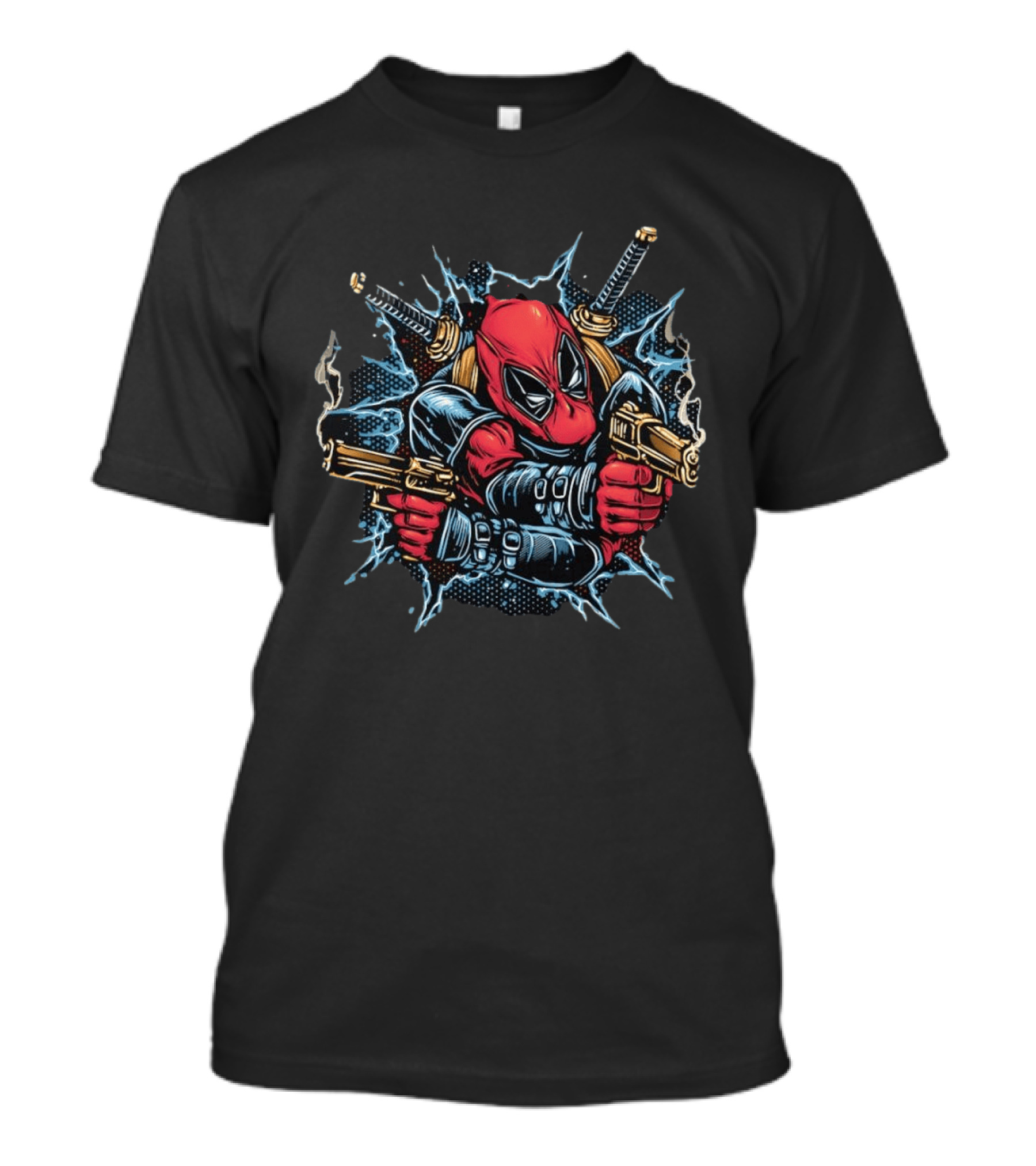 Deadpool Mercenary Dual Pistols And Katanas Action Scene T-Shirt