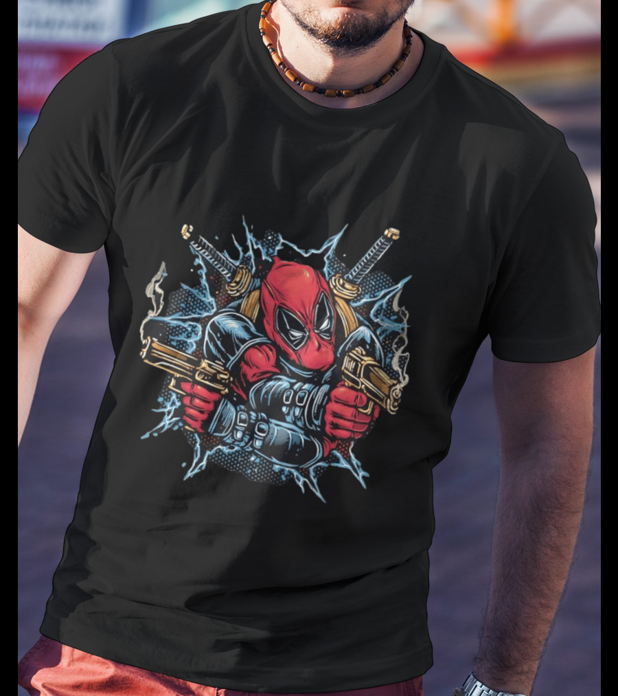 Deadpool Mercenary Dual Pistols And Katanas Action Scene T-Shirt