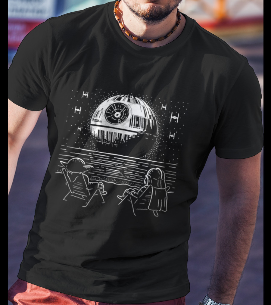 Yoda And Vader Relaxing By The Beach With Death Star In The Sky T-Shirt
