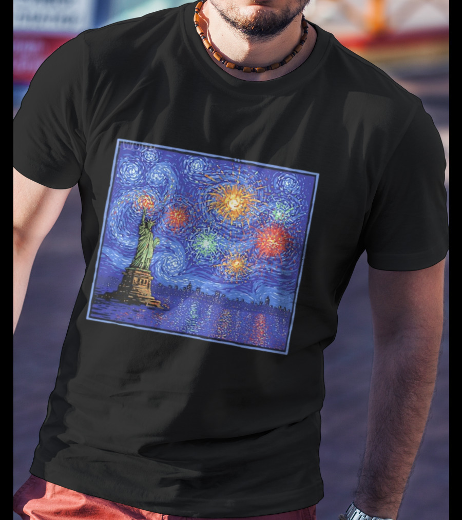 Fireworks Over Statue Of Liberty In Van Gogh Starry Night T-Shirt