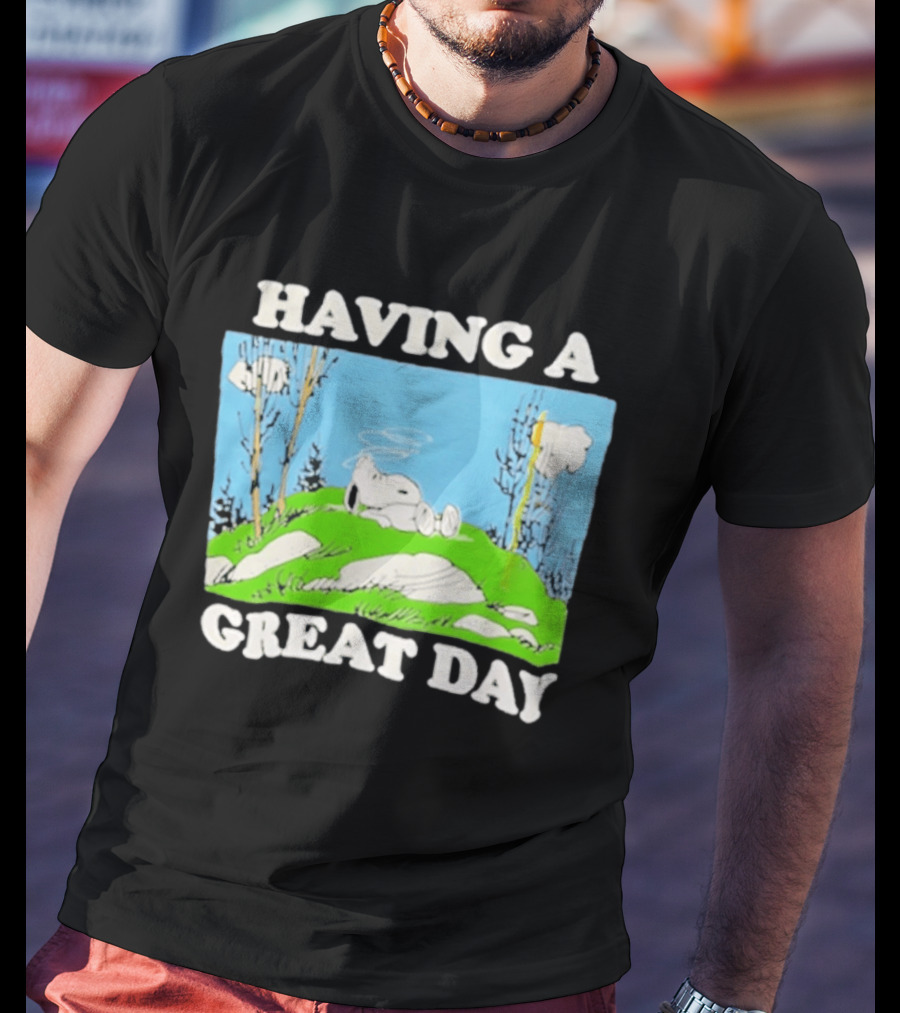 Snoopy Having A Great Day Relaxing On The Green Hill With Blue Sky And Clouds T-Shirt