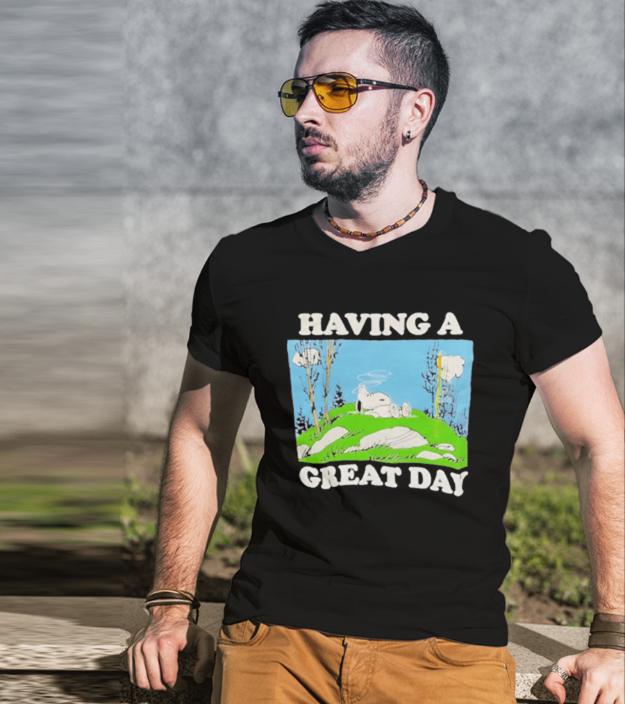 Snoopy Having A Great Day Relaxing On The Green Hill With Blue Sky And Clouds T-Shirt
