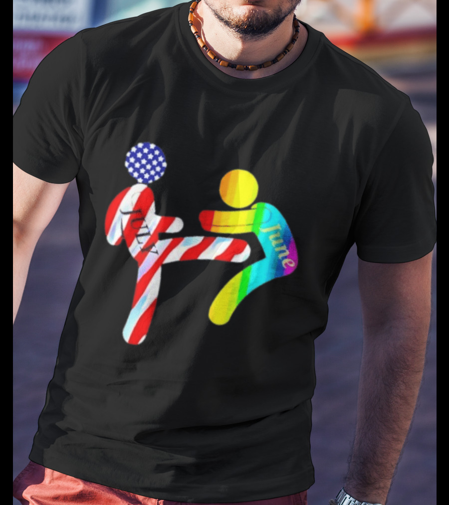 July Independence Kick With June Pride Month Rainbow Flag USA Stars And Stripes T-Shirt