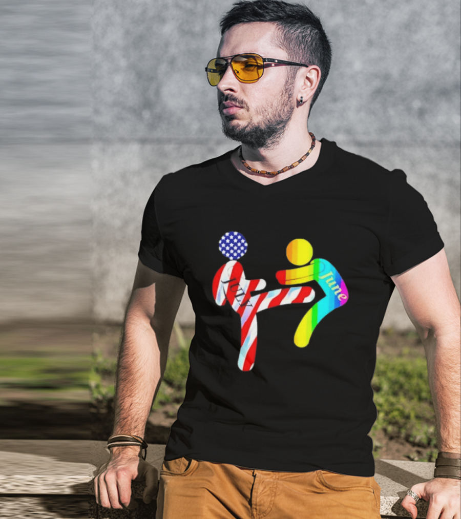 July Independence Kick With June Pride Month Rainbow Flag USA Stars And Stripes T-Shirt