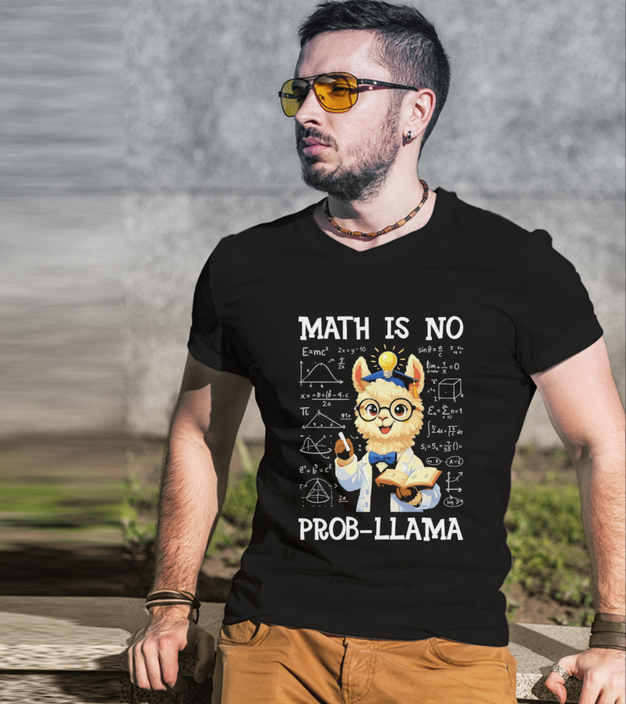 Math Is No Prob Llama Scientist With Test Tube And Equations T-Shirt