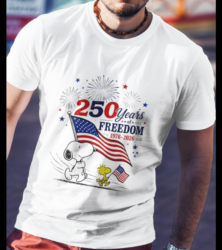 Snoopy Woodstock 250 Years Of Freedom 1776 2026 American Flag Fireworks Independence T-Shirt