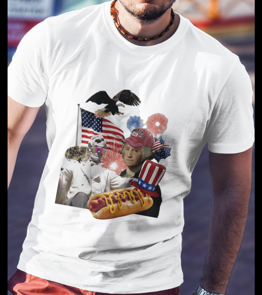 Merica Abraham Lincoln George Washington Hot Dog Eagle Fireworks Patriotic Celebration T-Shirt