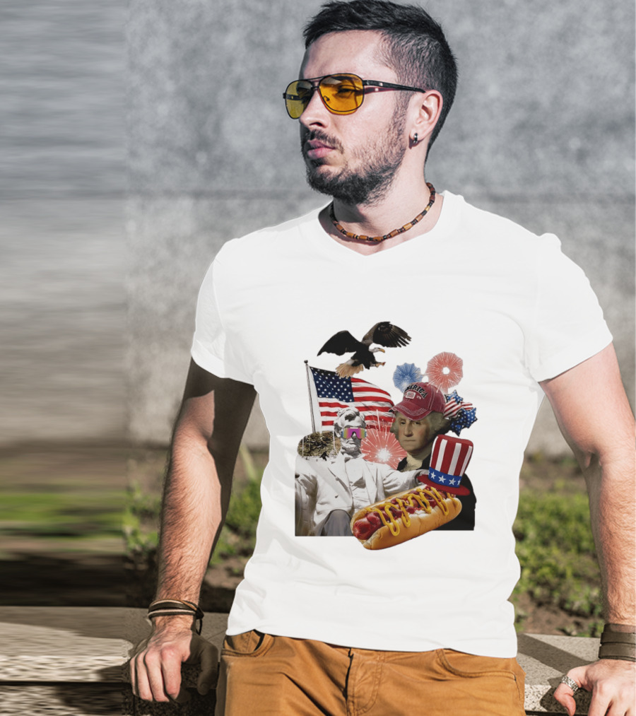 Merica Abraham Lincoln George Washington Hot Dog Eagle Fireworks Patriotic Celebration T-Shirt