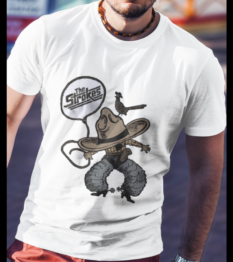 The Strokes Tour 2026 Illustrated Cowboy Holding Lasso With Bird And Cowboy Hat T-Shirt