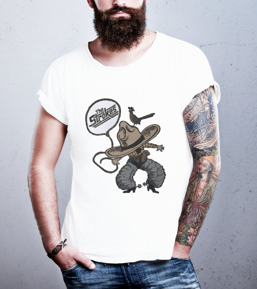 The Strokes Tour 2026 Illustrated Cowboy Holding Lasso With Bird And Cowboy Hat T-Shirt