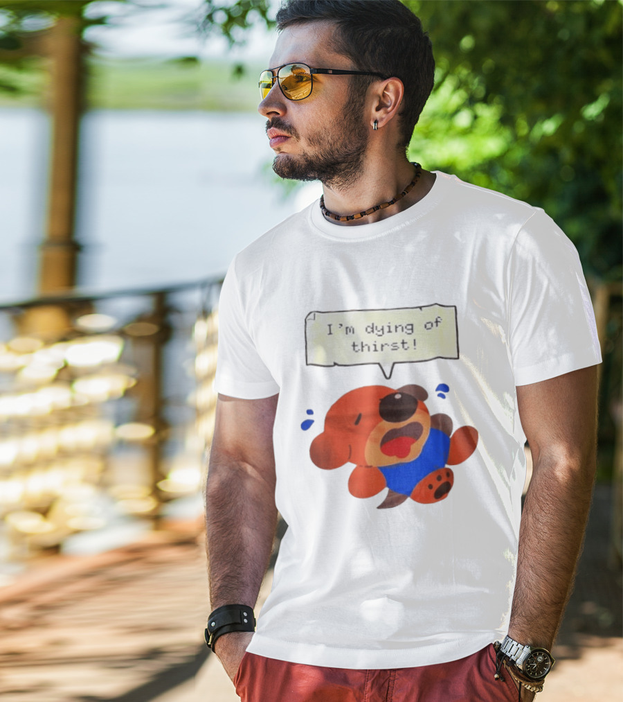 I'm Dying Of Thirst Cartoon Dog In Blue And Red With Speech Bubble T-Shirt