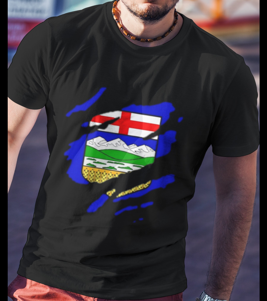 Alberta Coat Of Arms Ripped Effect Canada Flag Emblem Heritage Display T-Shirt