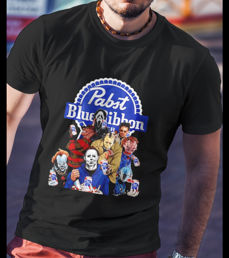 Pabst Blue Ribbon Horror Movie Characters Drinking Beer T-Shirt