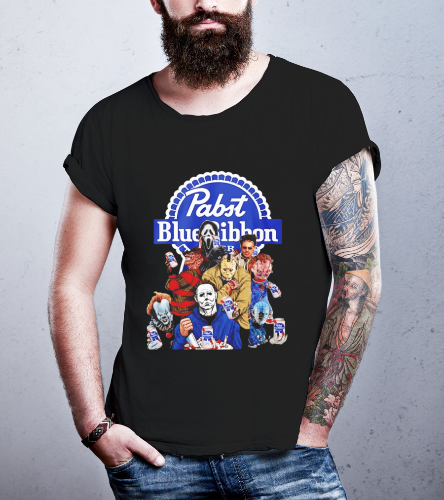 Pabst Blue Ribbon Horror Movie Characters Drinking Beer T-Shirt