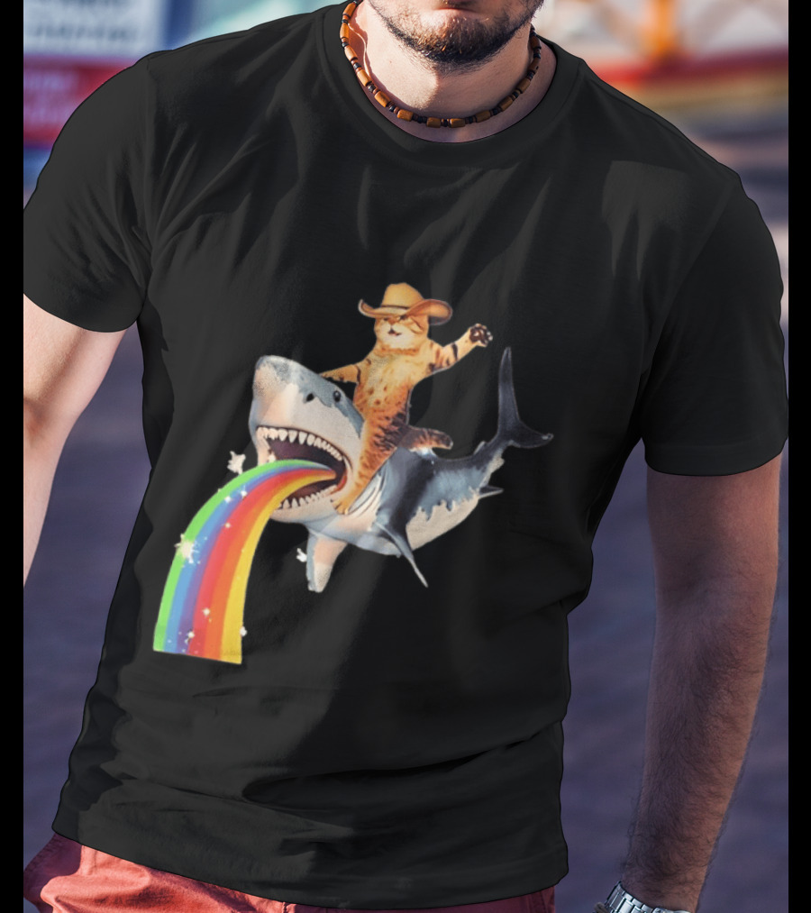 Cowboy Cat Riding Shark With Rainbow T-Shirt