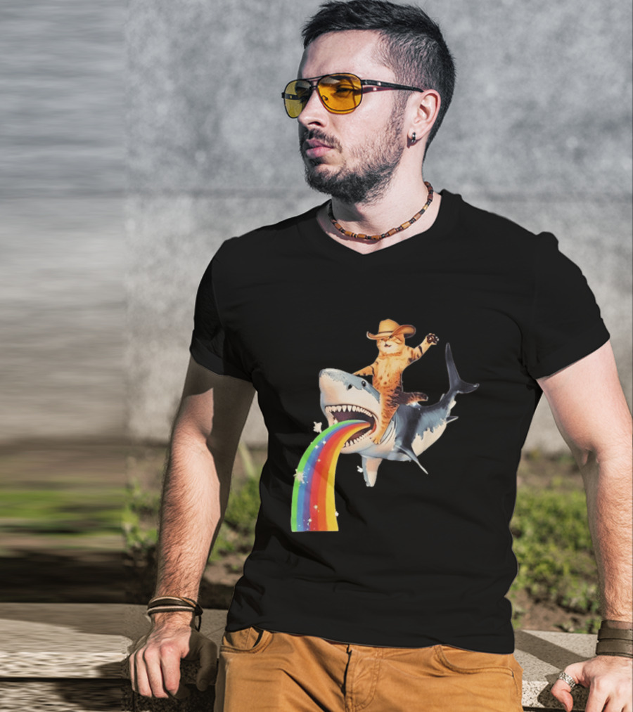 Cowboy Cat Riding Shark With Rainbow T-Shirt