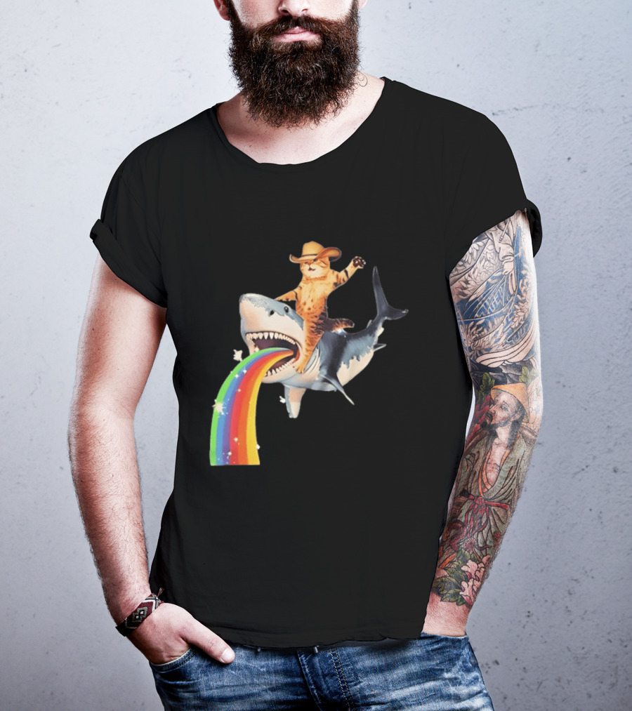 Cowboy Cat Riding Shark With Rainbow T-Shirt