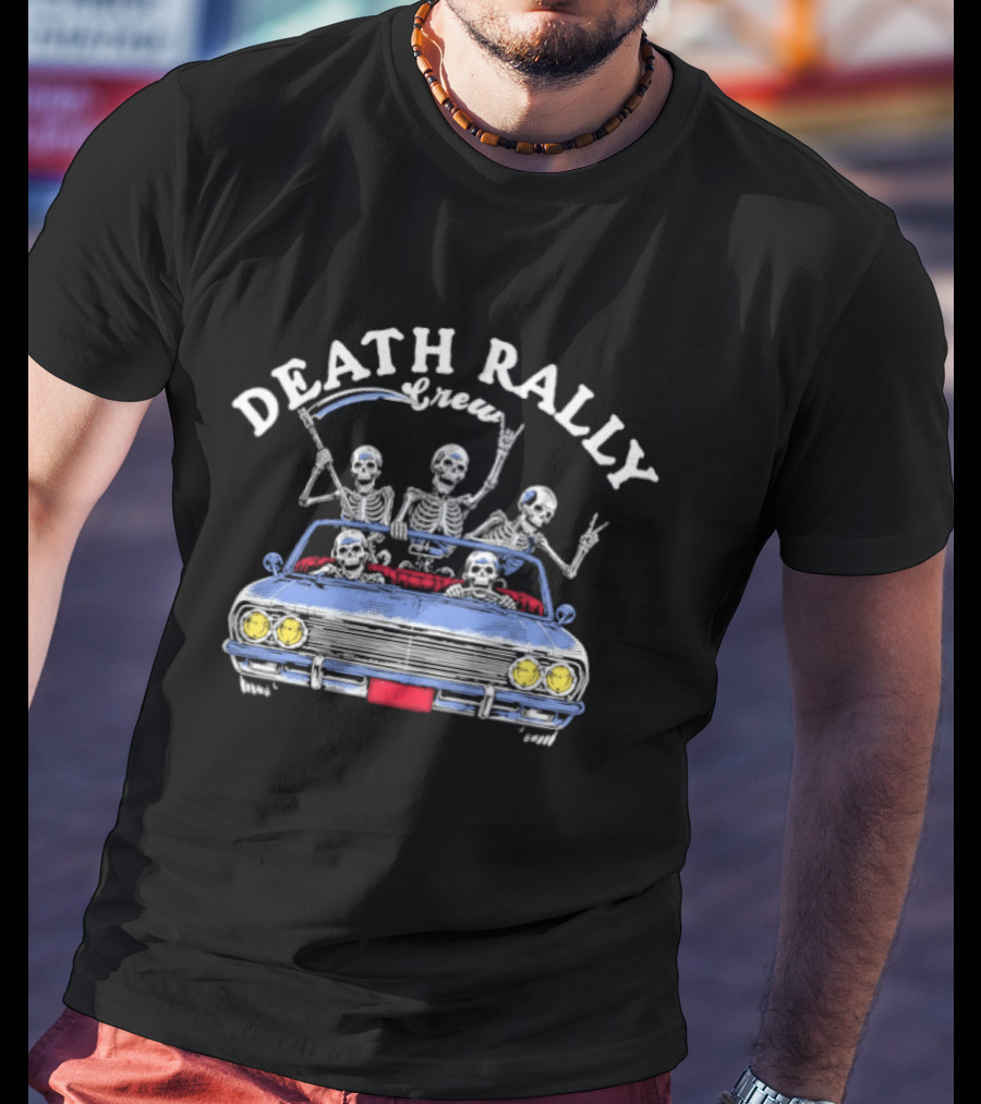 Death Rally Crew Skeletons In Convertible Car With Grim Reaper T-Shirt