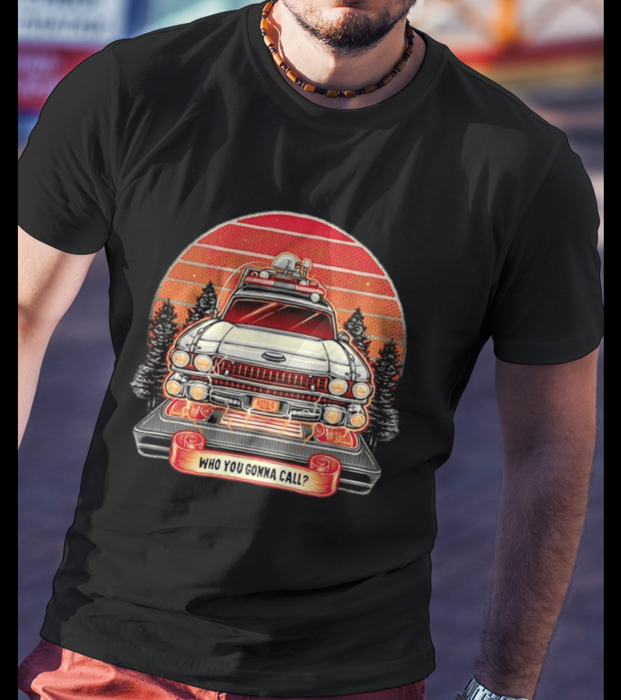 Ecto 1 Who You Gonna Call Ghostbusters Retro Sunset T-Shirt