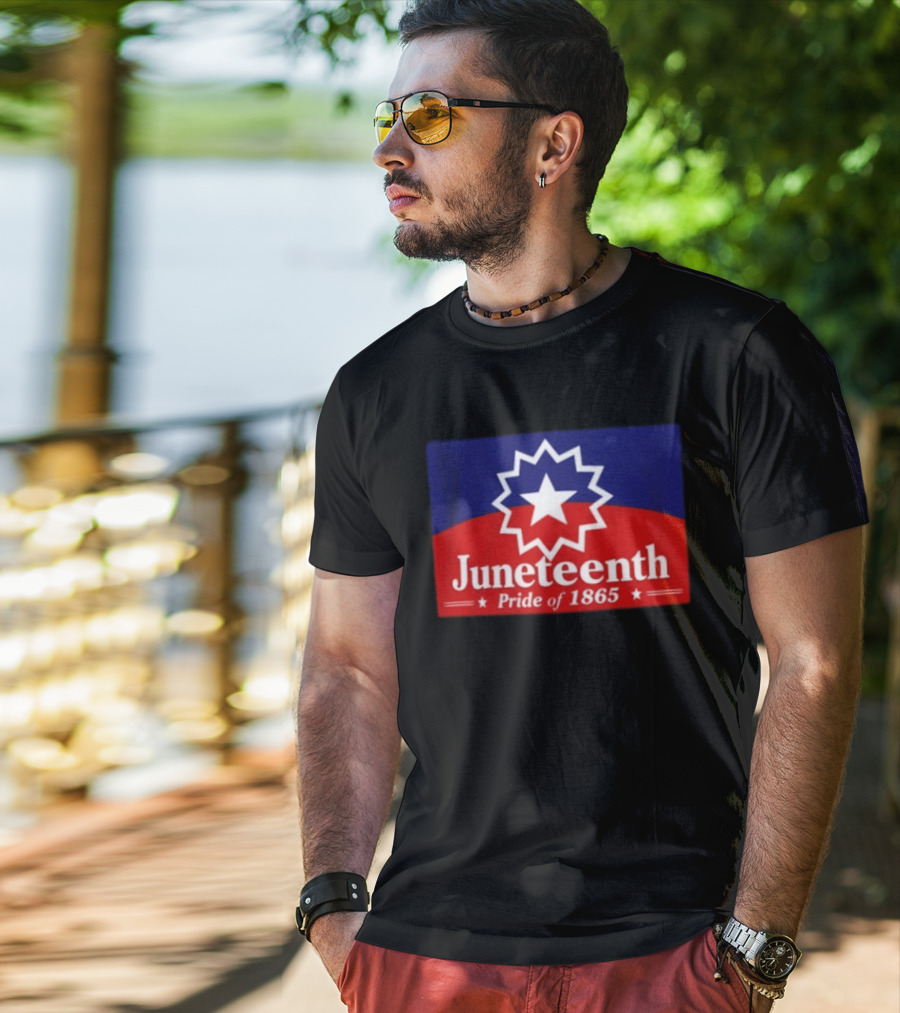 Juneteenth Pride Of 1865 Starburst Symbol On Red And Blue T-Shirt