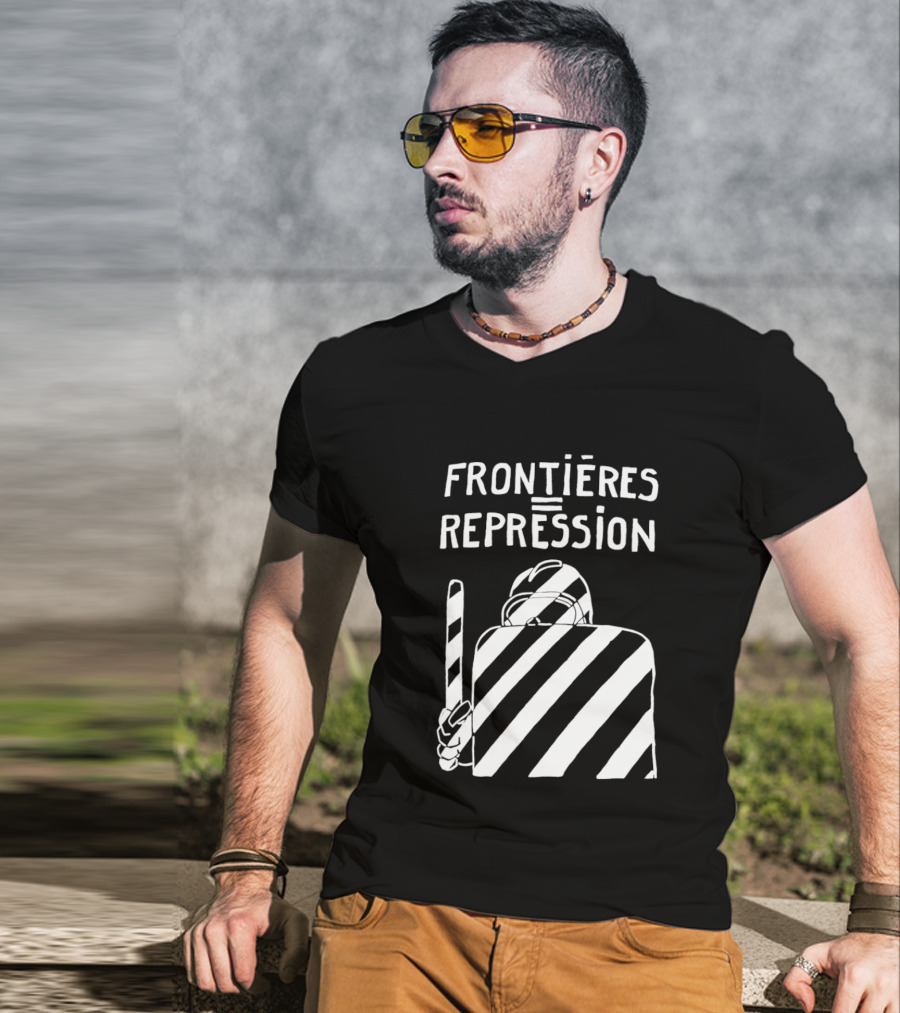 Frontieres Repression Protest Symbolism Bold Font White Stripes T-Shirt