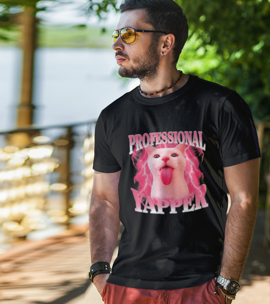Professional Yapper Cat Pink Lightning Tongue Out T-Shirt