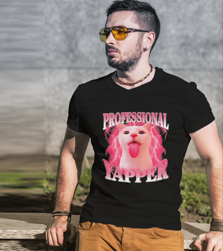 Professional Yapper Cat Pink Lightning Tongue Out T-Shirt