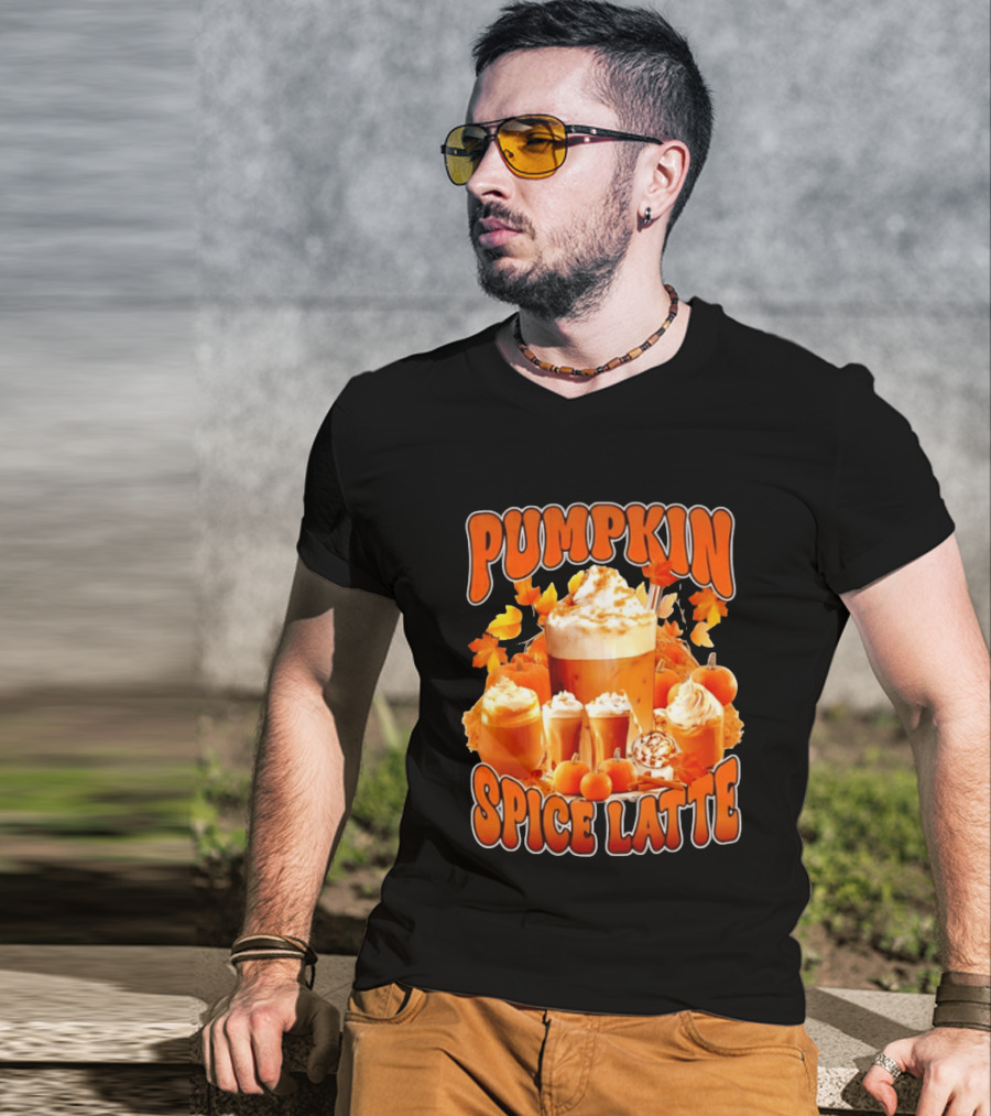 Pumpkin Spice Latte Fall Autumn Halloween Beverage With Whipped Cream And Leaves T-Shirt